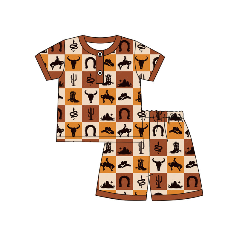 Short sleeves bull skull cactus western boys pajamas