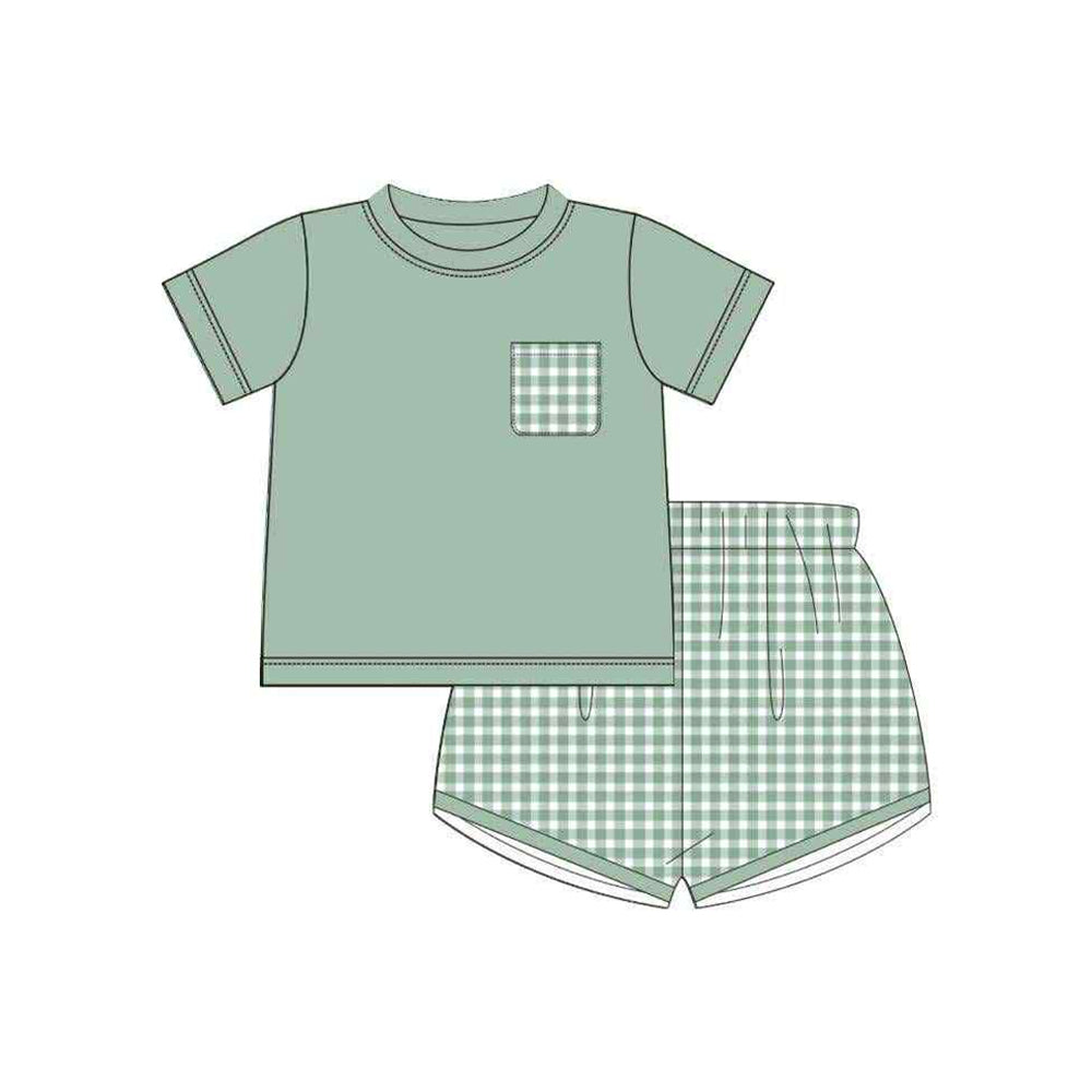 Short sleeves plaid pocket top shorts boys summer clothes