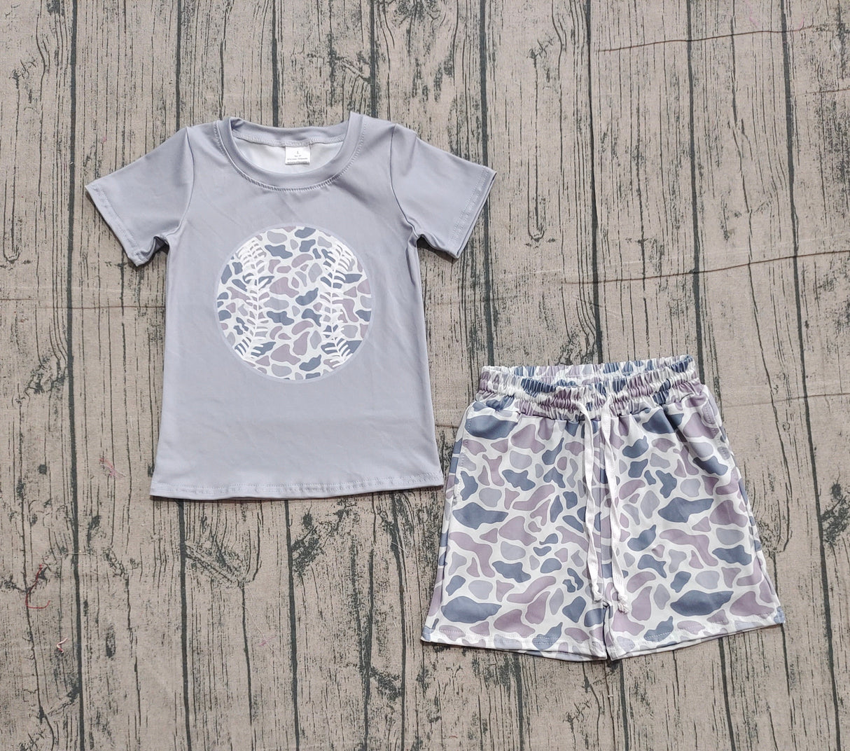 Baseball top grey camo shorts toddler boys outfits