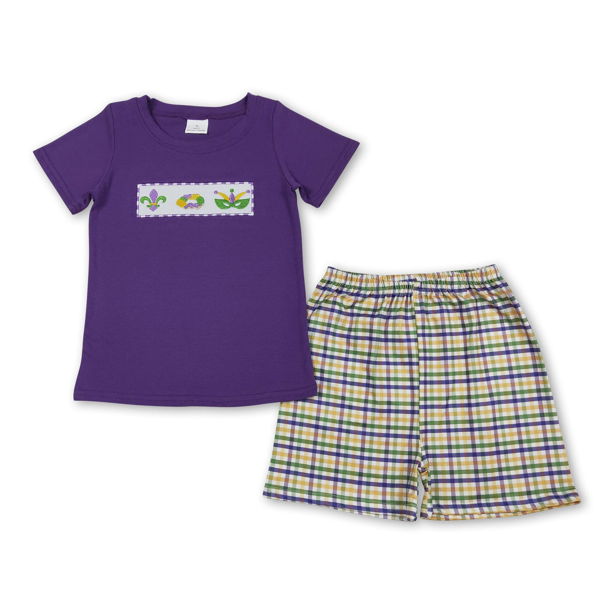 Purple donut top plaid shorts boys Mardi Gras outfits
