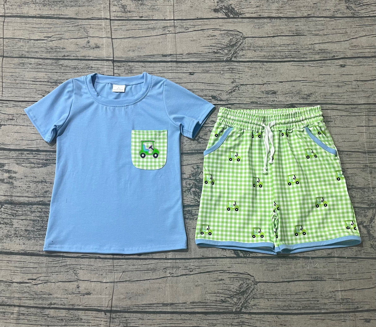Short sleeves pocket top plaid golf car shorts boys clothing
