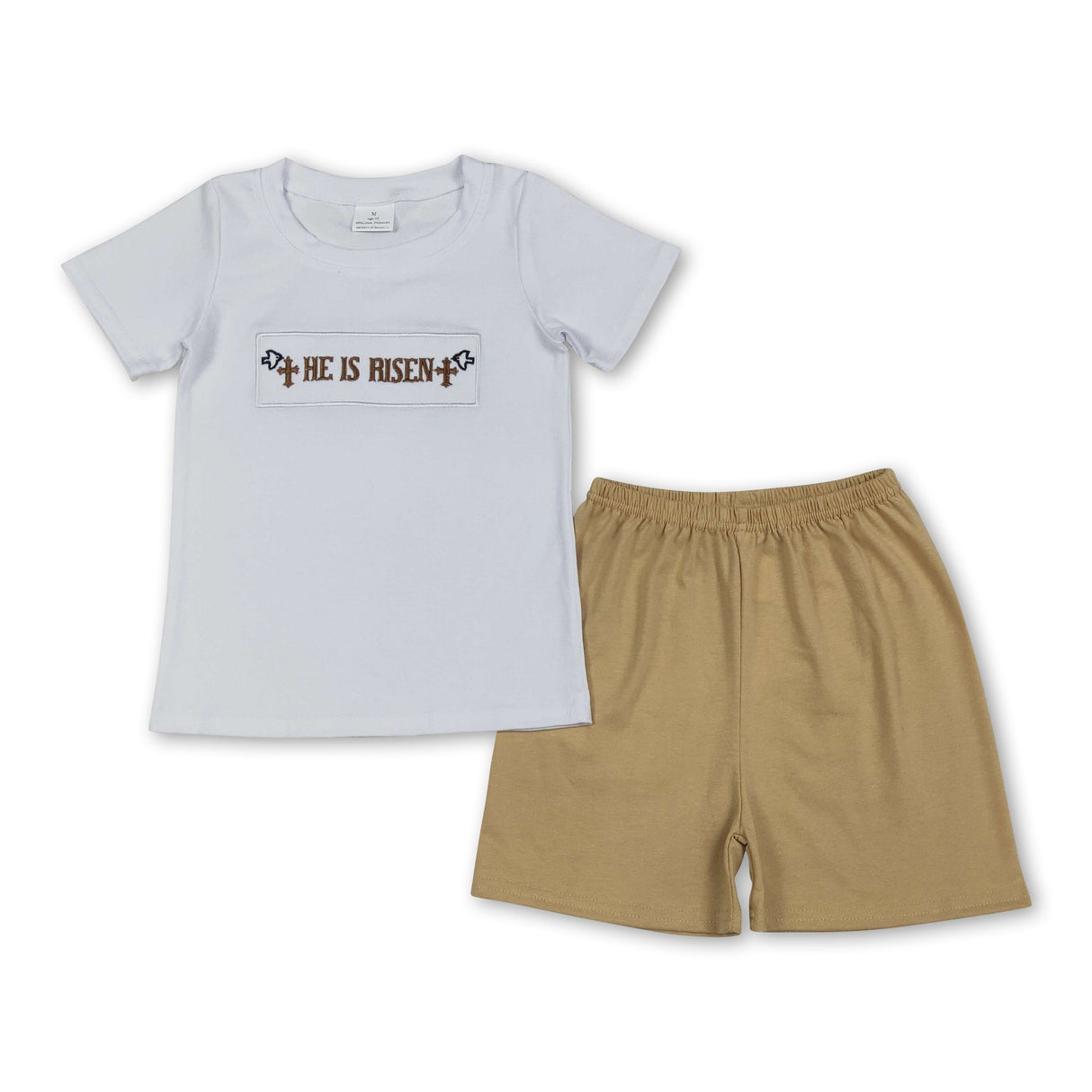 He is risen top khaki shorts boys Easter outfits