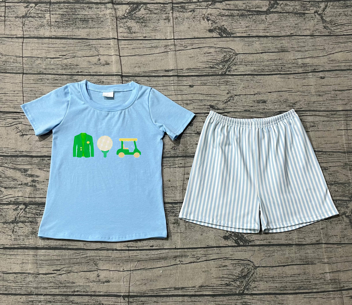 Light blue short sleeves golf cart top stripe shorts boys outfits