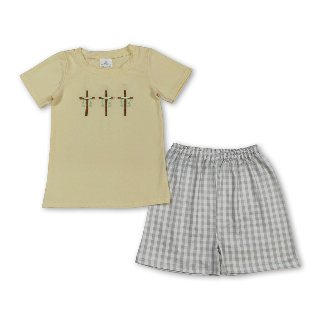 Cross embroidery top plaid shorts boys Easter outfits