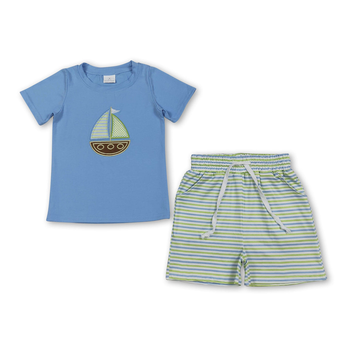 Short sleeves boat embroidery top stripe shorts boys outfits