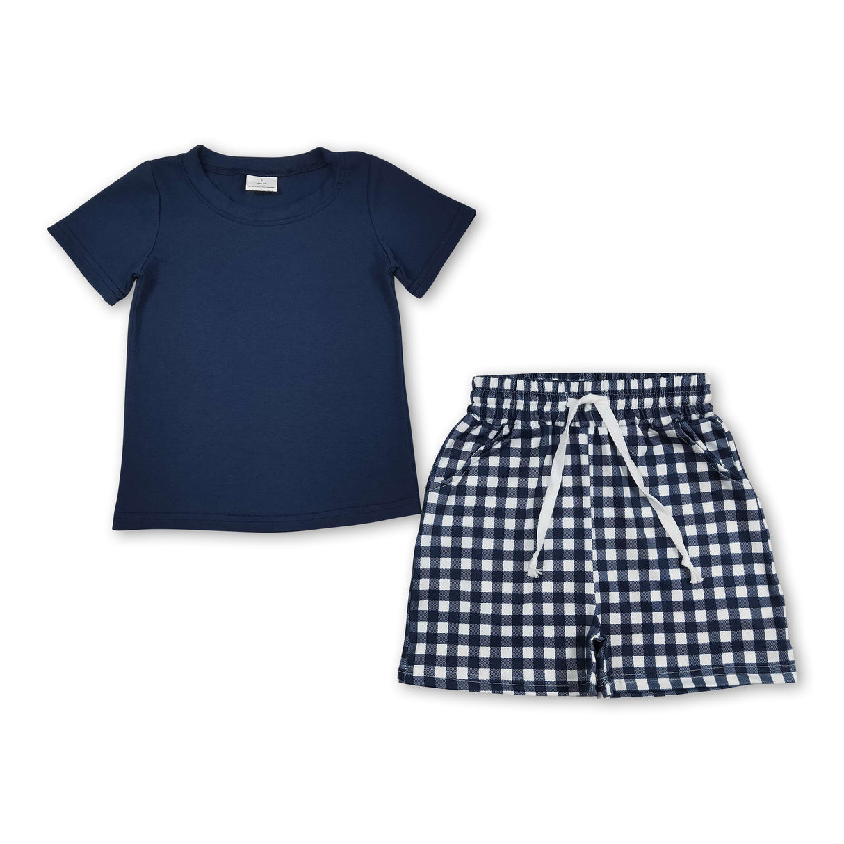 Short sleeves navy cotton top plaid shorts boys outfits