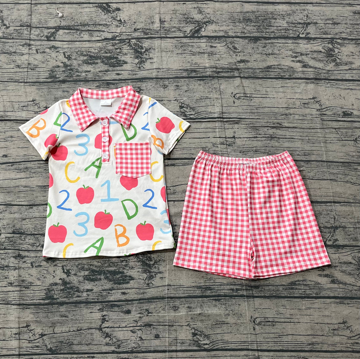 ABC apple polo shirt plaid shorts boys back to school set