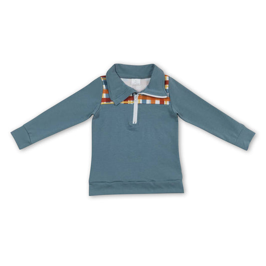 Brown blue plaid long sleeves kids fall pullover