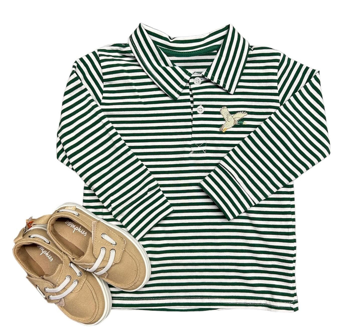 Green long sleeves stripe duck boys polo shirt