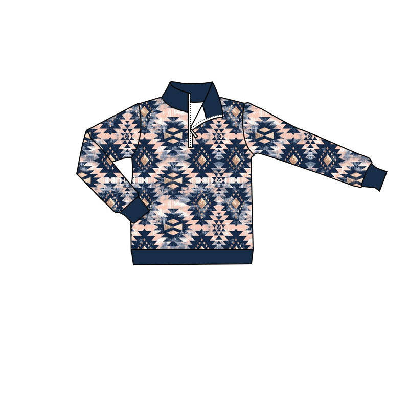 Long sleeves navy aztec kids boys western zipper pullover