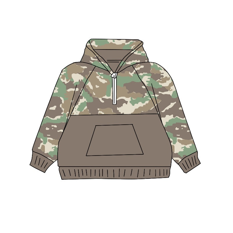 Long sleeves dark grey camo pocket kids hunting hoodie