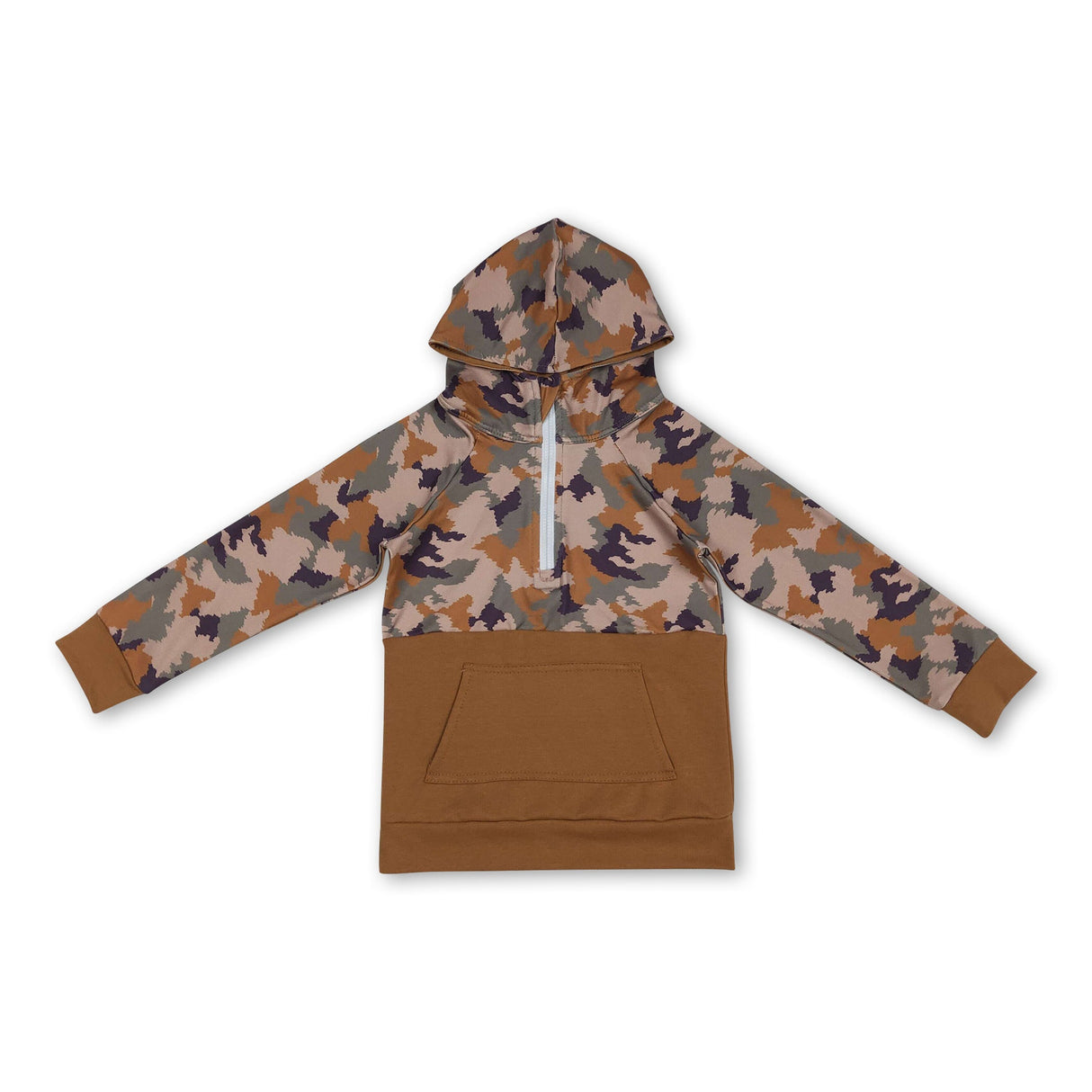 Long sleeves brown camo pocket kids hunting hoodie