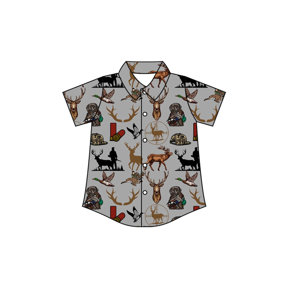 Short sleeves deer dog duck hunting boys button down shirt