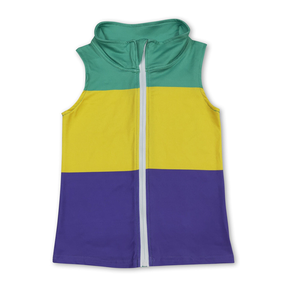 Sleeveless green yellow purple kids Mardi Gras zip vest