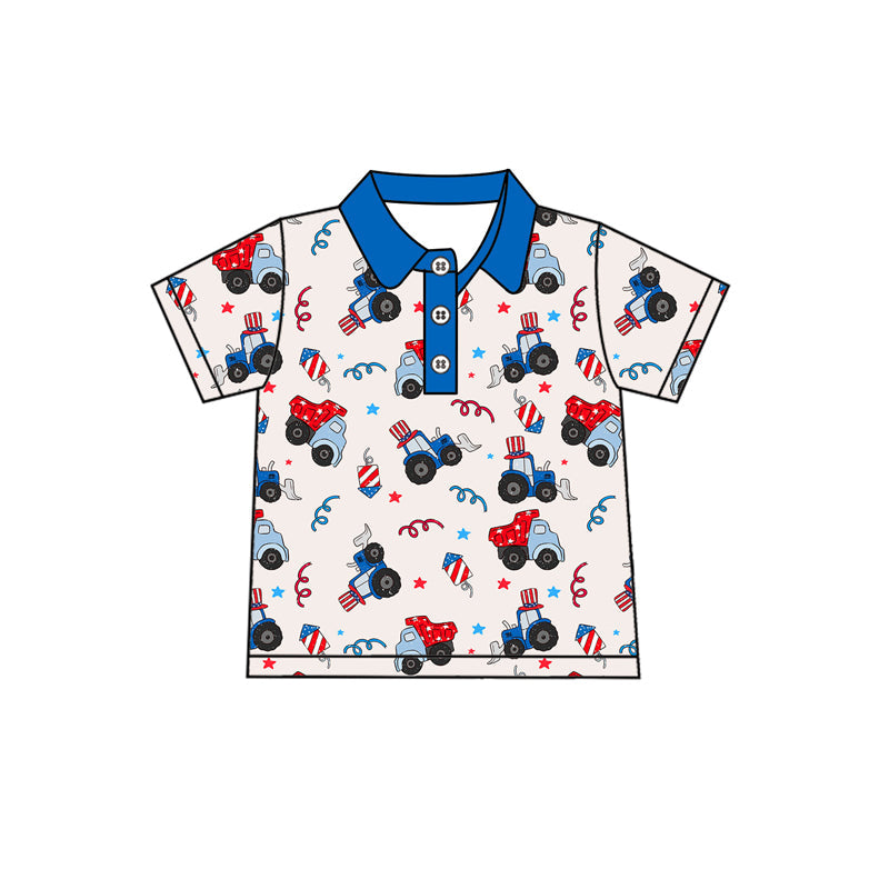 Blue short sleeves tractor kids boys 4th of july polo shirt