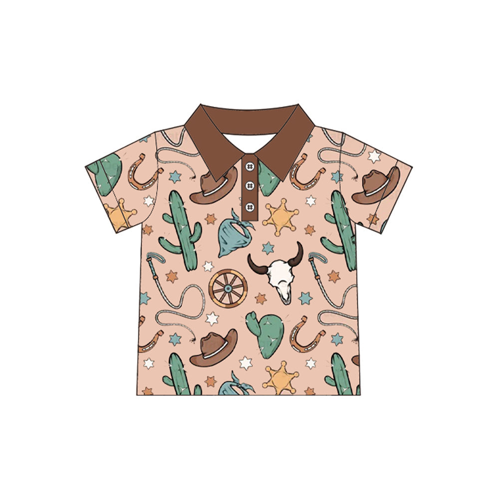 Short sleeves bull skull cactus boys western polo shirt