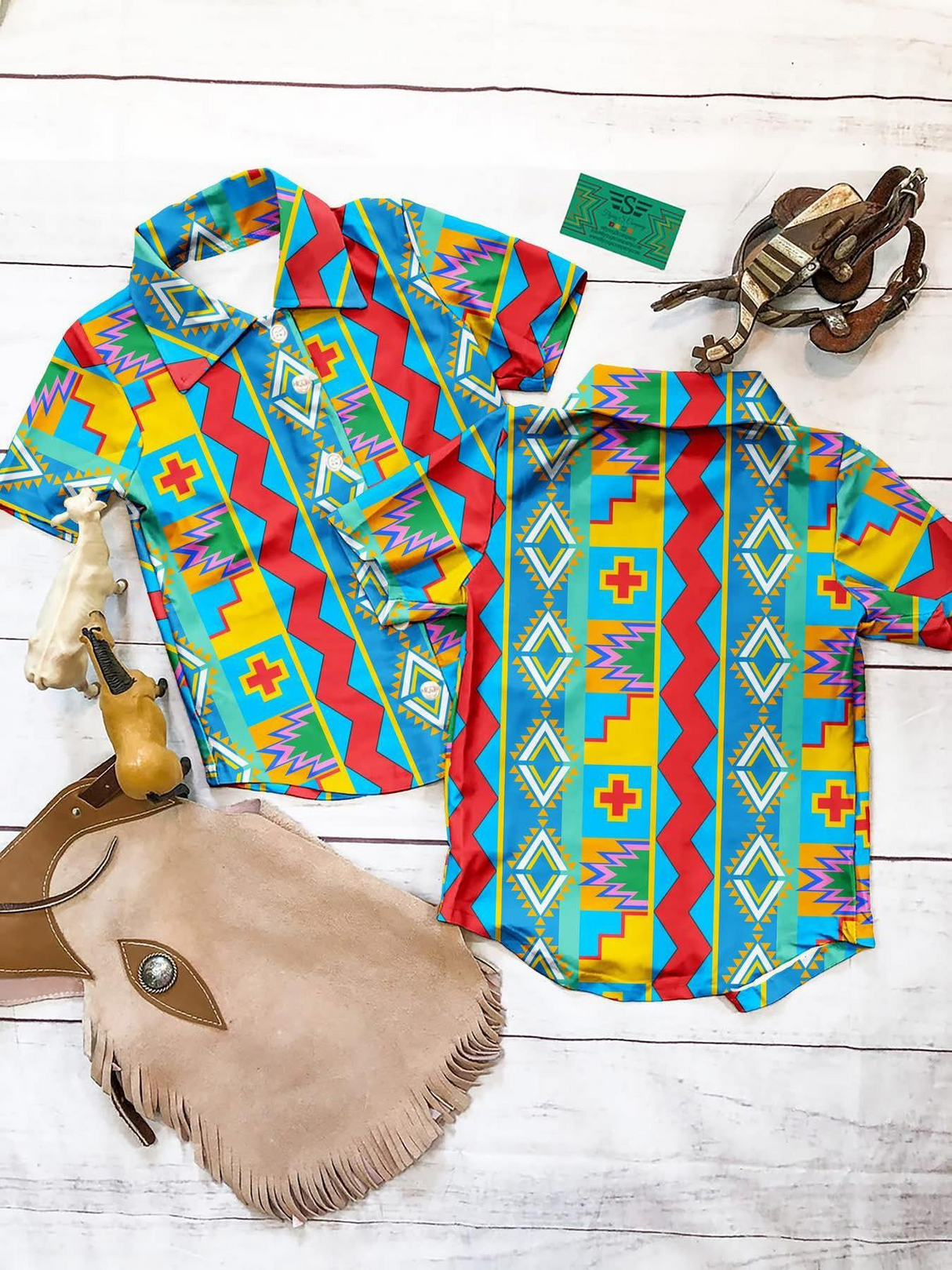 Short sleeves aztec western boys button down shirt