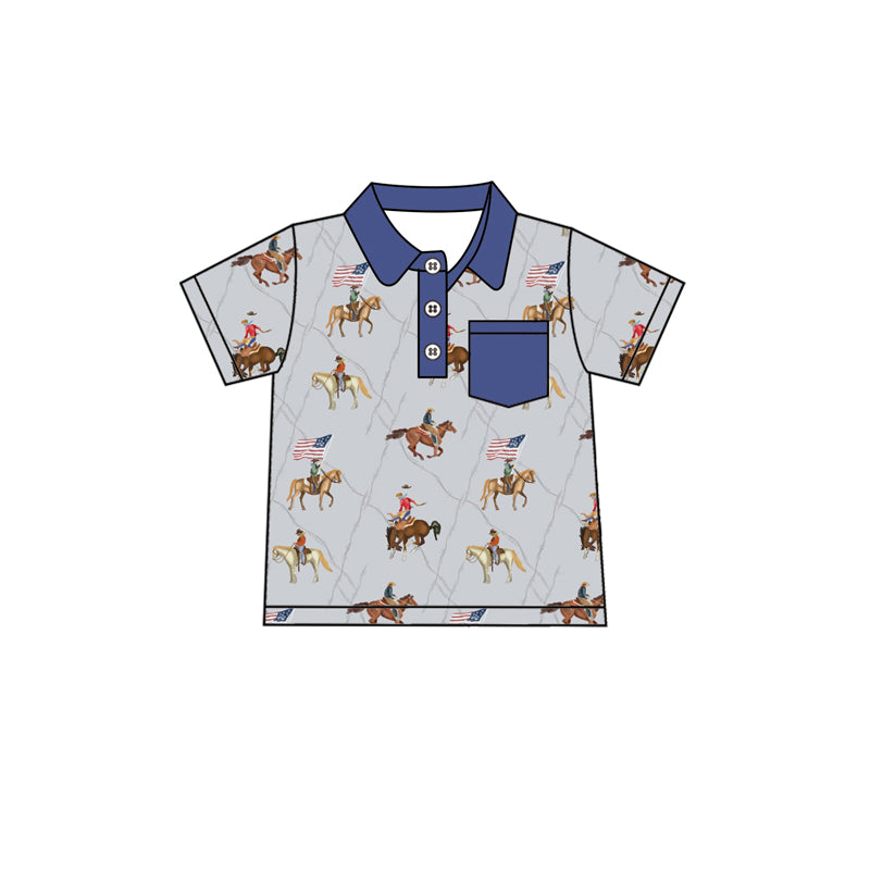 Blue short sleeves flag rodeo western kids boys polo shirt