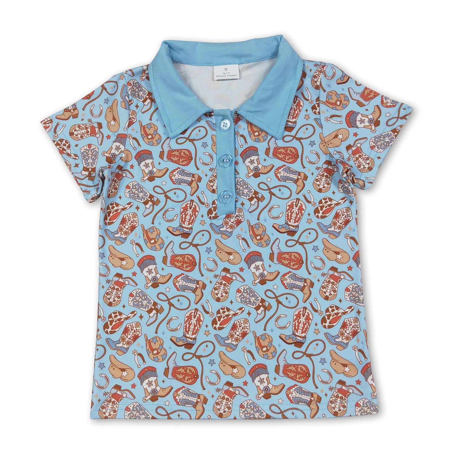 Short sleeves boots hat western boys polo shirt