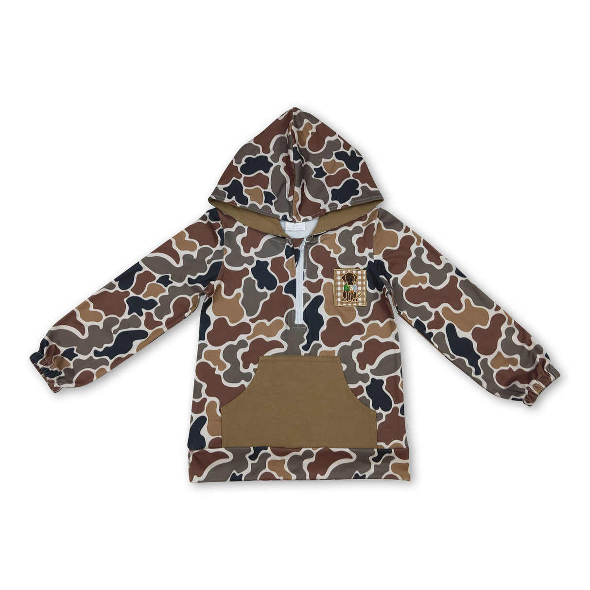 Brown pocket camo dog long sleeves kids boys zipper hoodie