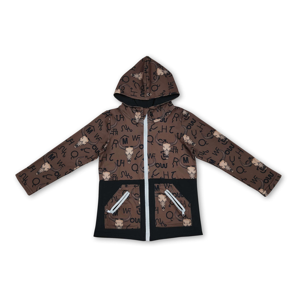 Long sleeves bull skull pockets western boy hooded jacket