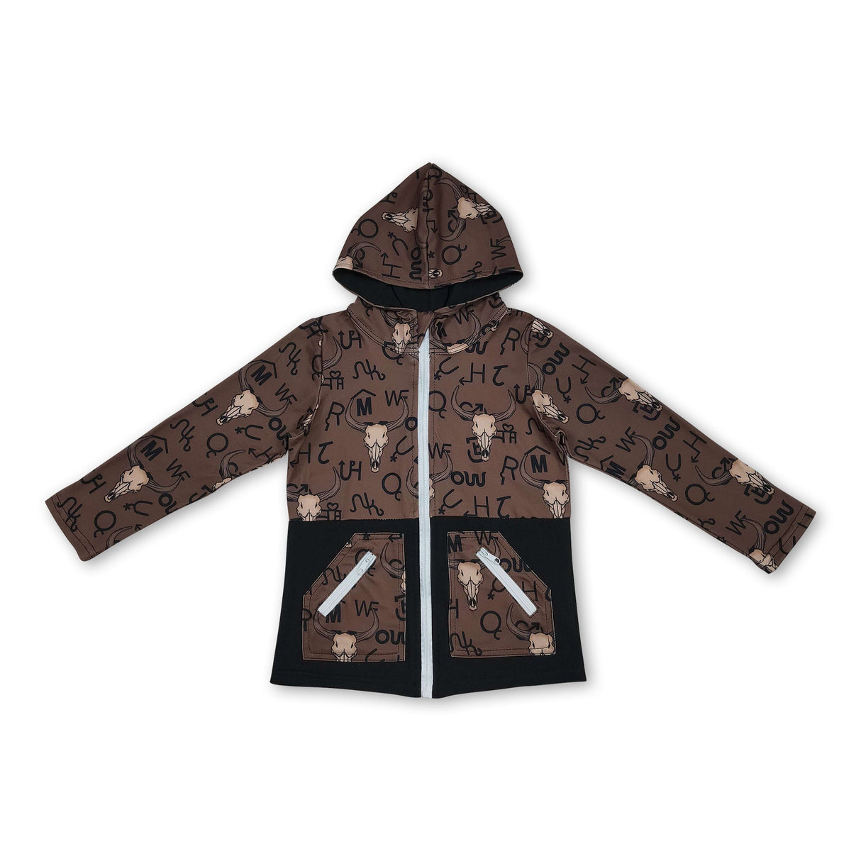 Long sleeves bull skull pockets western boy hooded jacket