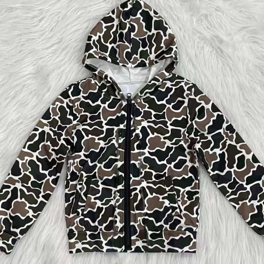 Long sleeves black brown camo pocket zipper boy hoodie