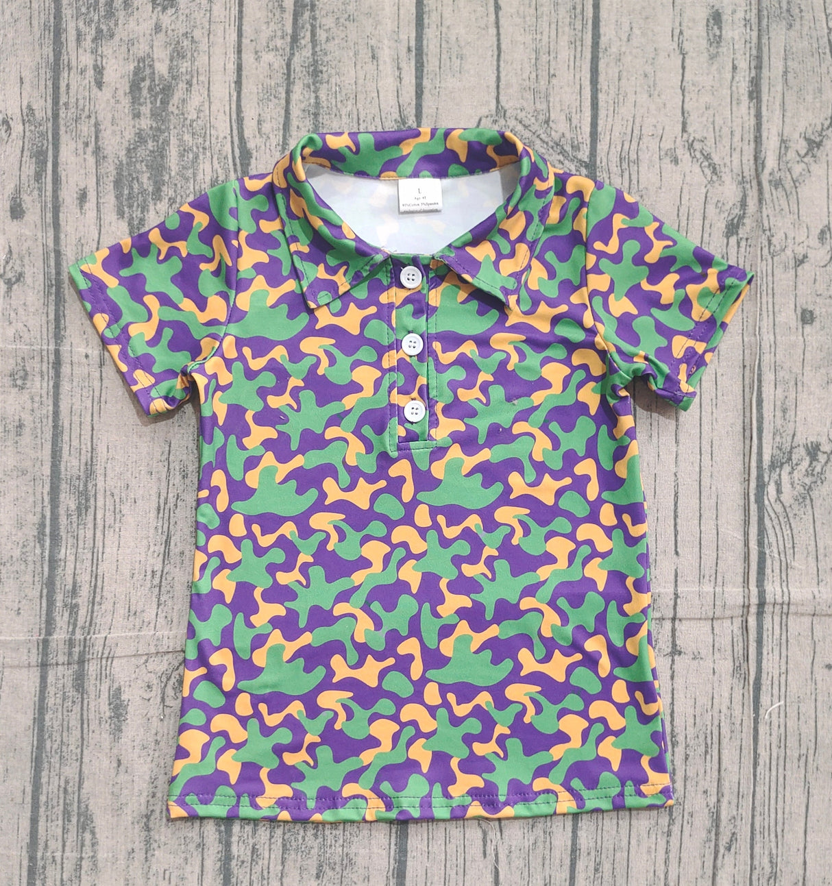 Purple yellow green camo kids boys Mardi Gras polo shirt