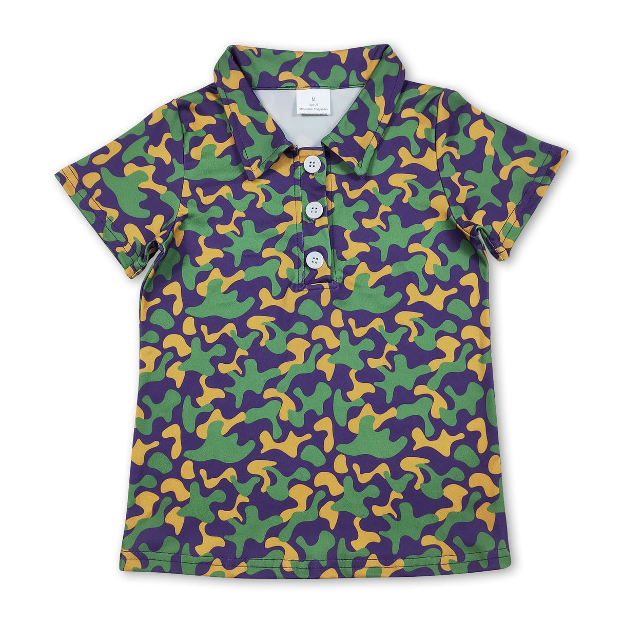 Purple yellow green camo kids boys Mardi Gras polo shirt