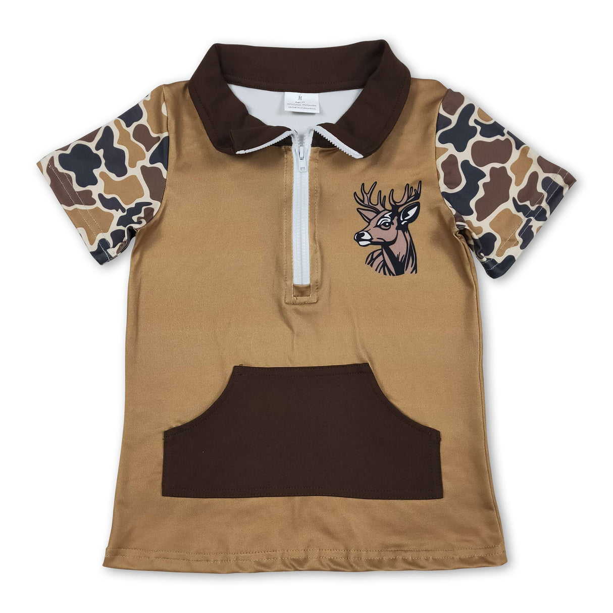 Camo short sleeves brown deer pocket kids boys pullover