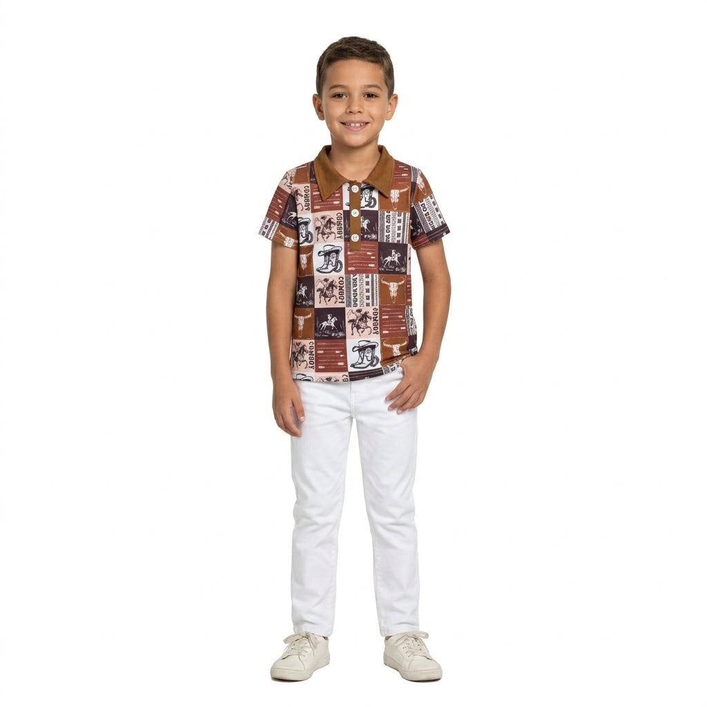 Short sleeves bull skull rodeo western boys polo shirt