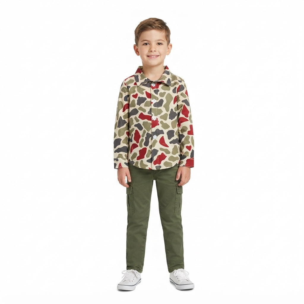 Long sleeves camo santa boys Christmas button down shirt