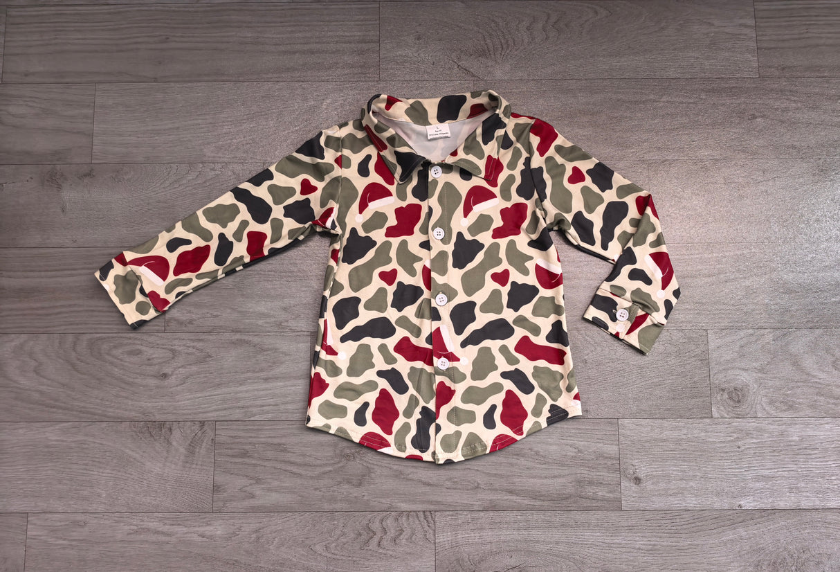 Long sleeves camo santa boys Christmas button down shirt