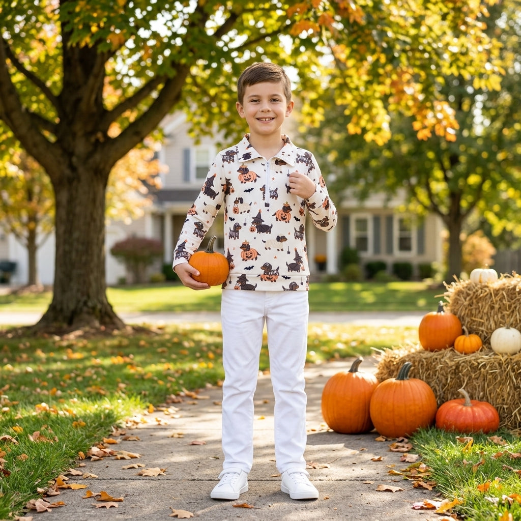 Pumpkin dogs kids boys zipper Halloween pullover