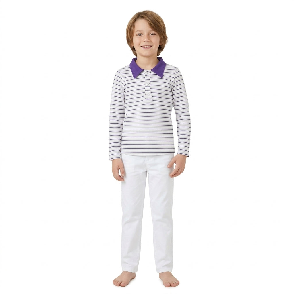 Long sleeves purple stripe kids boys polo shirt