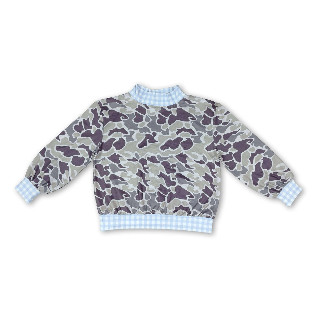 Long sleeves light blue plaid mock neck camo boys top