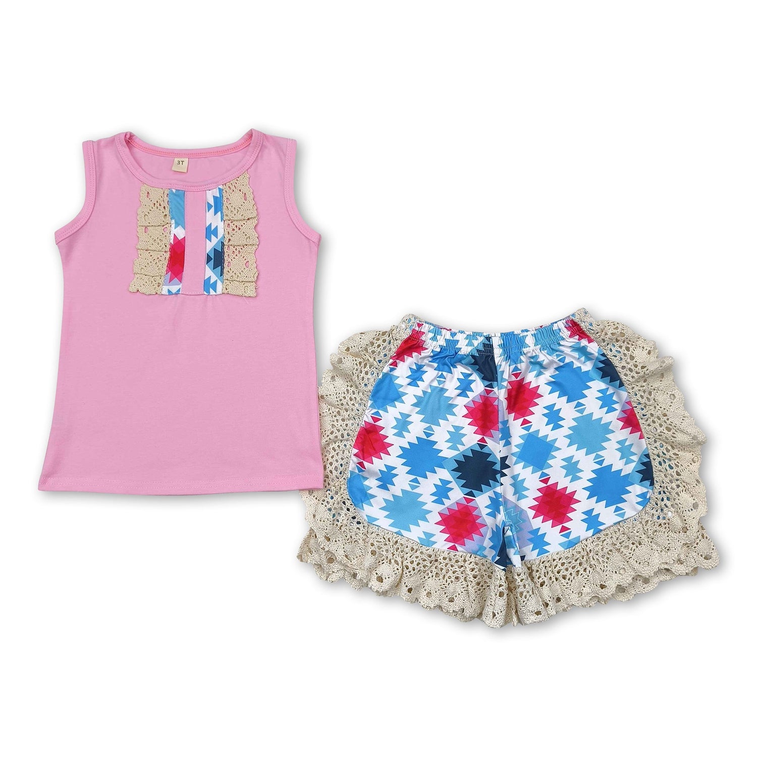 Pink sleeves top aztec ruffle shorts girls clothes