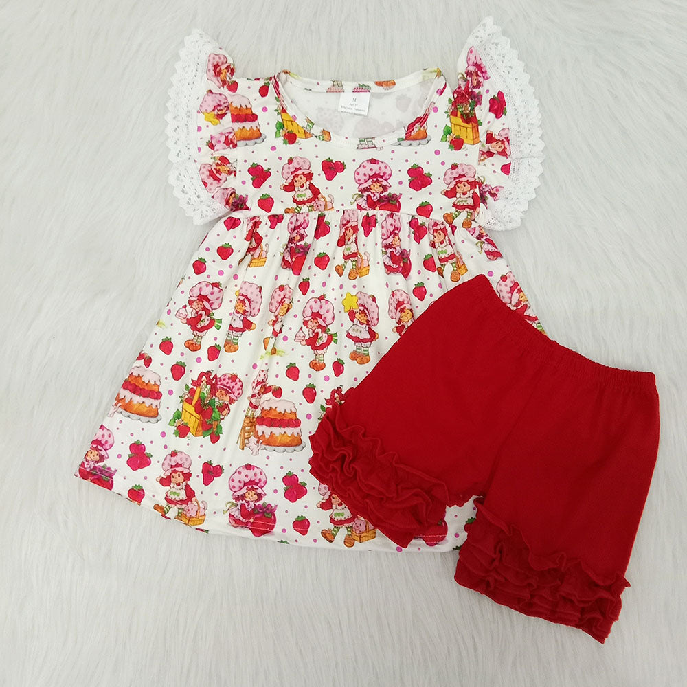 Flutter sleeves strawberry tunic ruffle shorts girls clothes