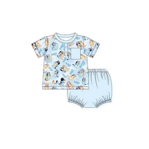 Short sleeves blue dog tunic bummies boys set