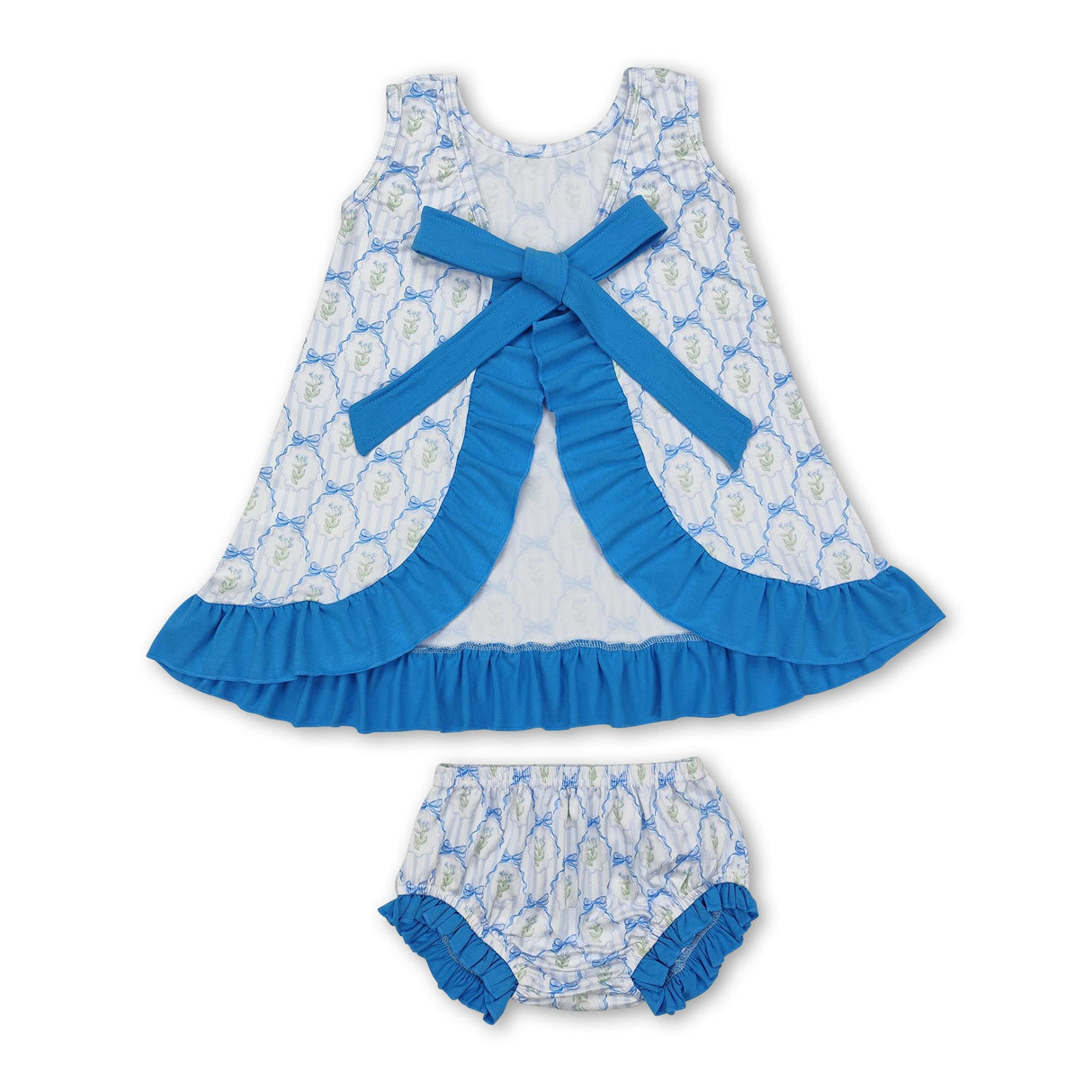 Sleeveless stripe light blue floral baby girls bummies set