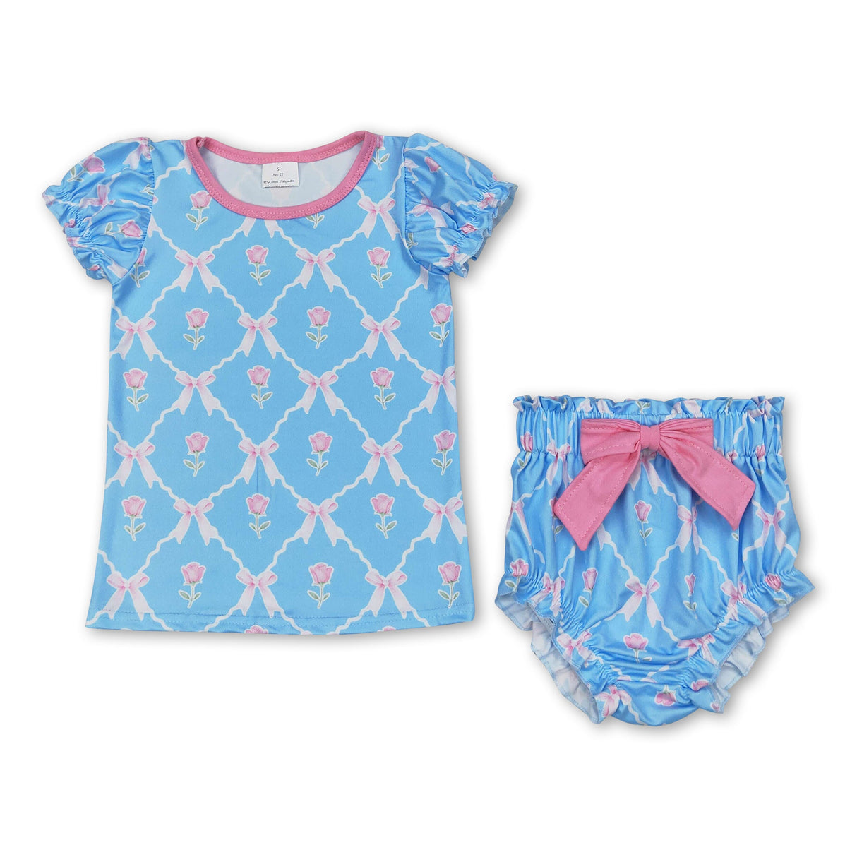 Short sleeves light blue floral bow top bummies girls clothes