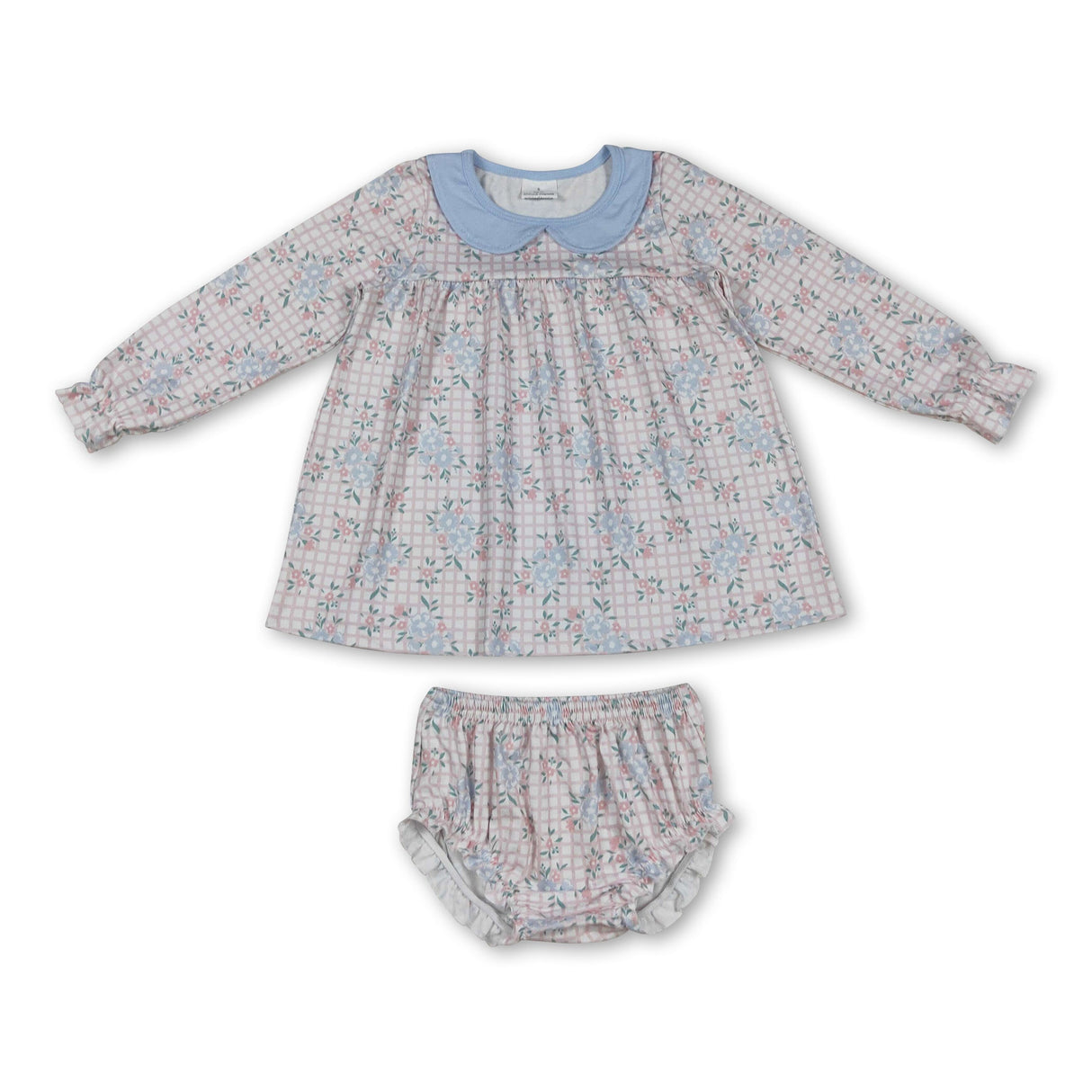 Long sleeves pink plaid floral doll collar girls bummies set