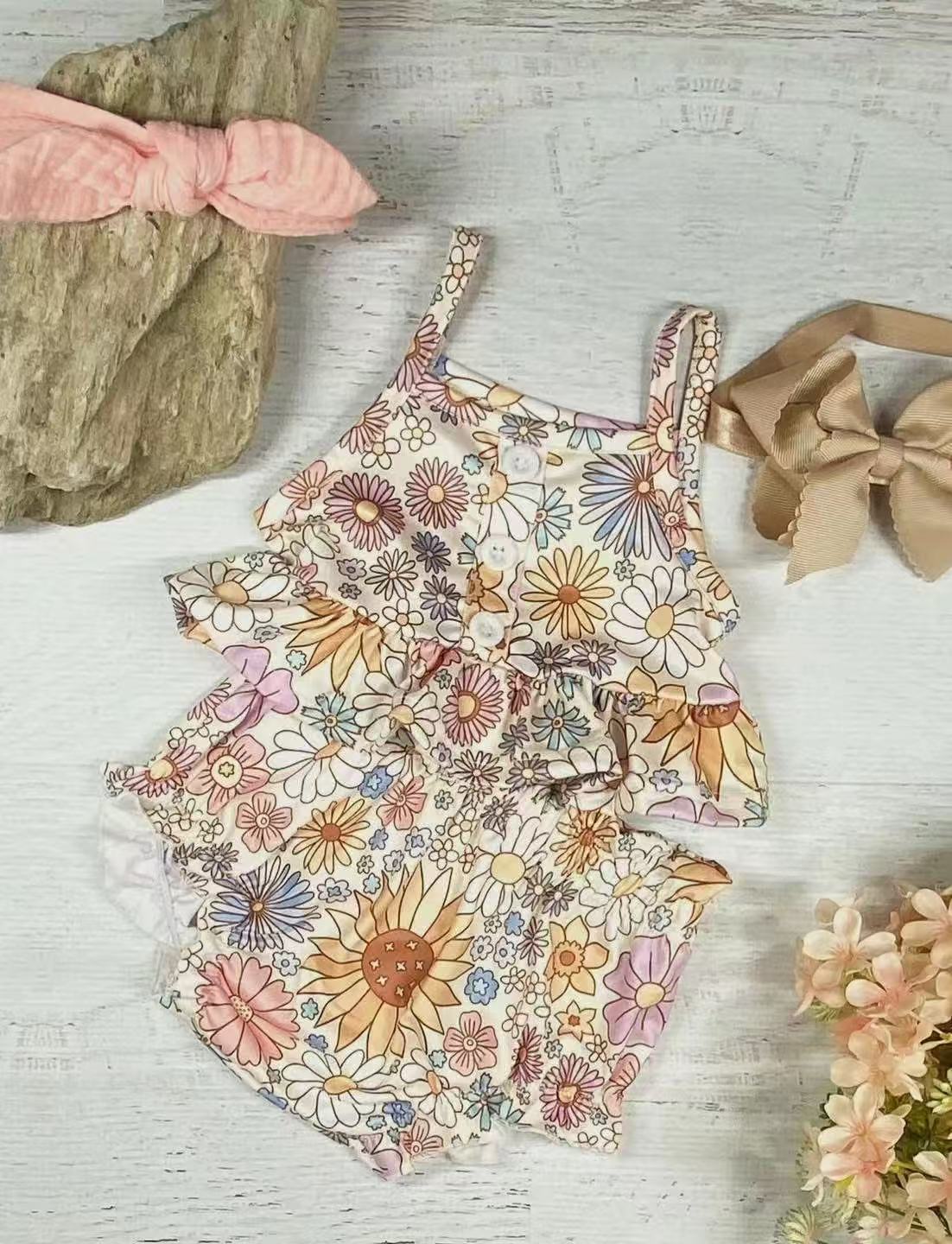 Straps floral ruffle crop top bummies baby girls clothes