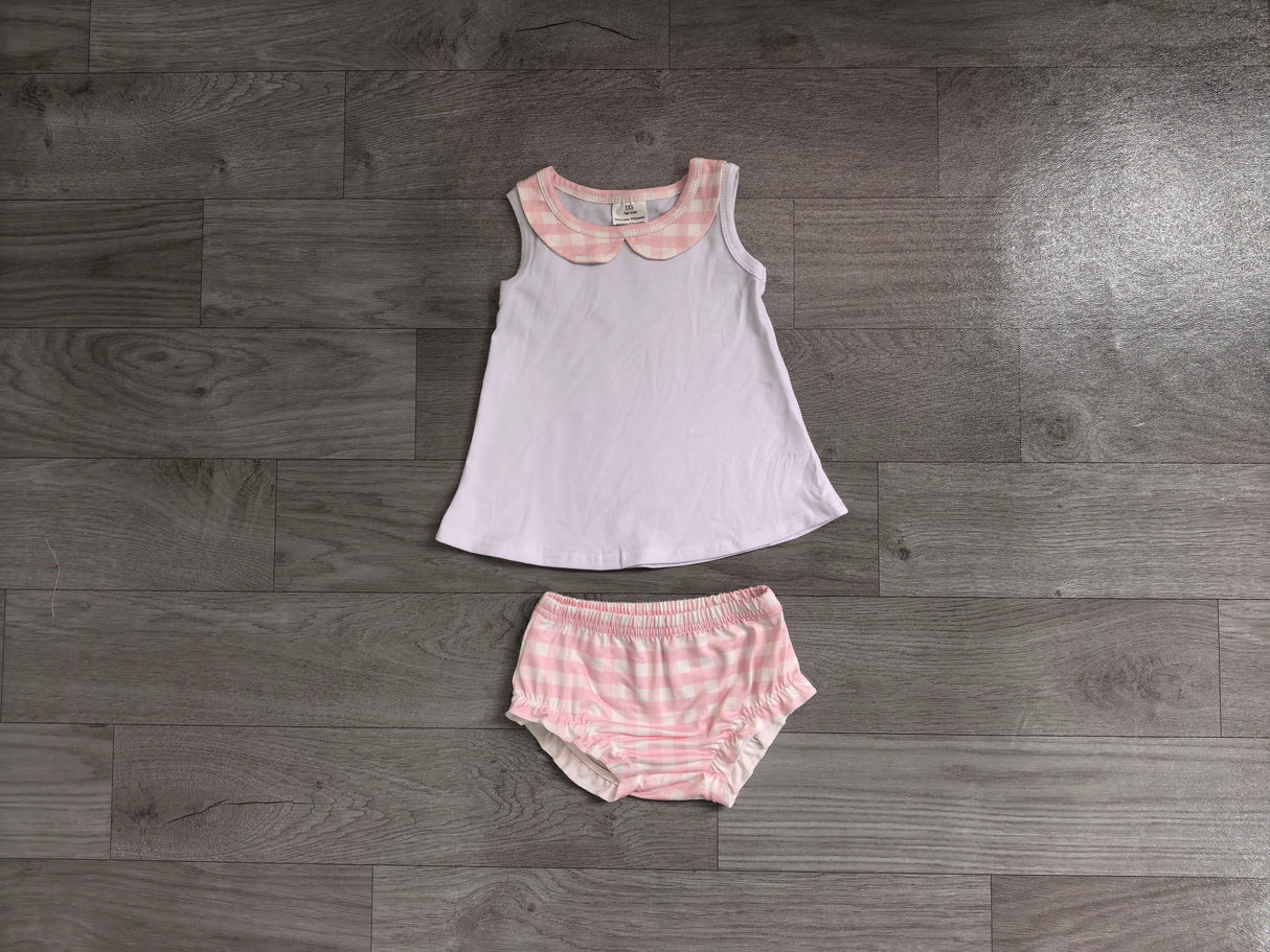 Sleeveless white top pink plaid bummies baby girls outfits