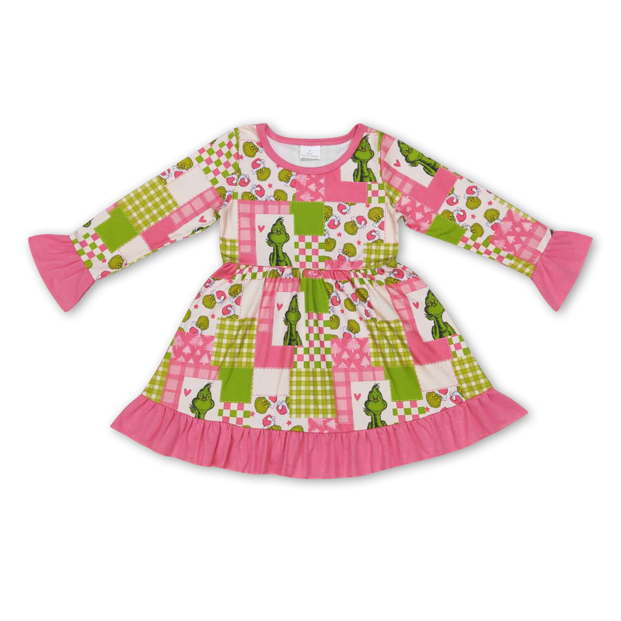 Pink green face patchwork ruffle girls Christmas dress