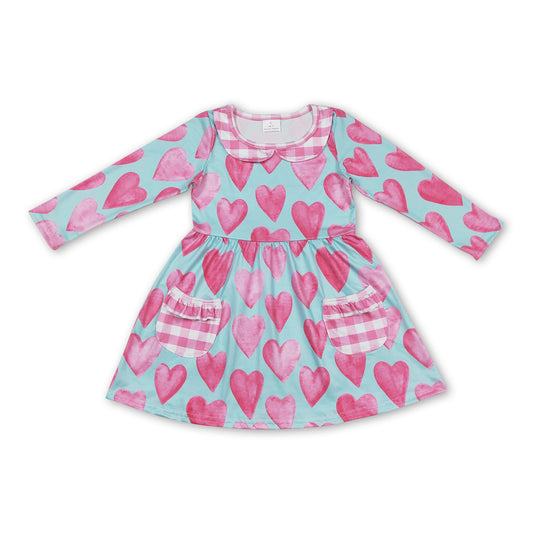 Pink plaid pocket heart long sleeves girls Valenitne's dress