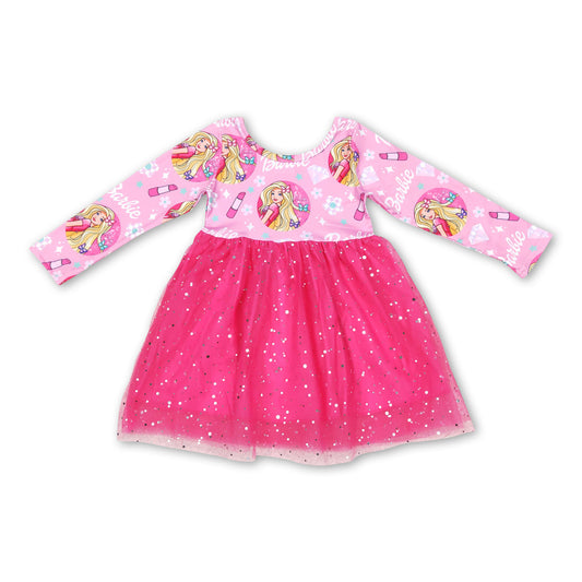 Pink long sleeves flower party girls tulle dresses