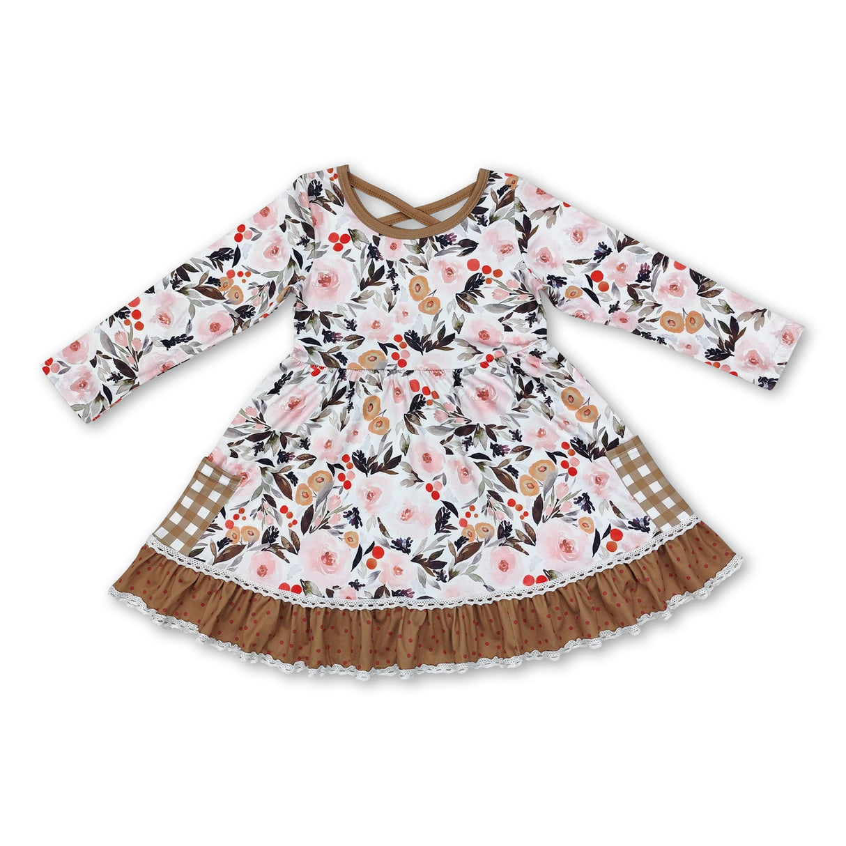 Long sleeves floral plaid pockets girls fall dresses