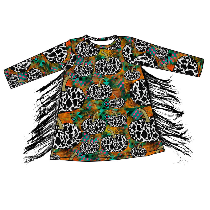 Cow pumpkin tassels kids girls fall dresses