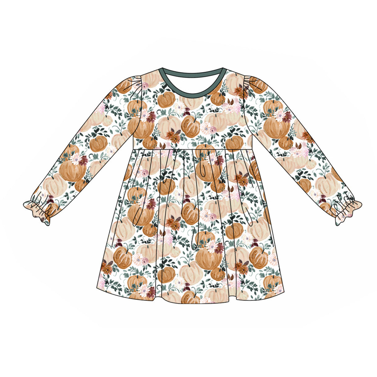 Long sleeves pumpkin floral girls fall dresses